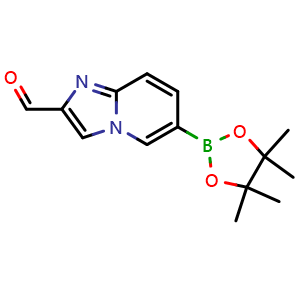 Chemical structure of 6-(4,4,5,5-Tetramethyl-1,3,2-dioxaborolan-2-yl)imidazo[1,2-a]pyridine-2-carbaldehyde , CAS 3097798-69-8, AChemBlock AD291981