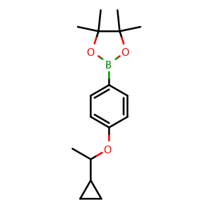 Chemical structure of 2-(4-(1-Cyclopropylethoxy)phenyl)-4,4,5,5-tetramethyl-1,3,2-dioxaborolane , CAS 1396777-35-7, AChemBlock AD291989