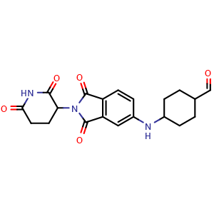 Chemical structure of 4-((2-(2,6-Dioxopiperidin-3-yl)-1,3-dioxoisoindolin-5-yl)amino)cyclohexane-1-carbaldehyde , CAS 3062121-93-8, AChemBlock AD291996
