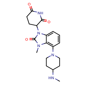 Chemical structure of 3-(3-Methyl-4-(4-(methylamino)piperidin-1-yl)-2-oxo-2,3-dihydro-1H-benzo[d]imidazol-1-yl)piperidine-2,6-dione , CAS 2573304-70-6, AChemBlock AD291999