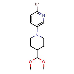 Chemical structure of 2-Bromo-5-(4-(dimethoxymethyl)piperidin-1-yl)pyridine , CAS 3025455-88-0, AChemBlock AD292009