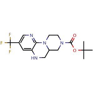 Chemical structure of tert-Butyl 3-(trifluoromethyl)-5,6,6a,7,9,10-hexahydro-8H-pyrazino[1,2-a]pyrido[3,2-e]pyrazine-8-carboxylate , CAS 2820001-55-4, AChemBlock AD292012
