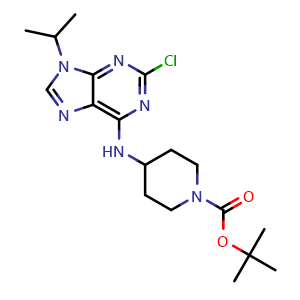 Chemical structure of tert-Butyl 4-((2-chloro-9-isopropyl-9H-purin-6-yl)amino)piperidine-1-carboxylate , CAS 2654004-46-1, AChemBlock AD292015