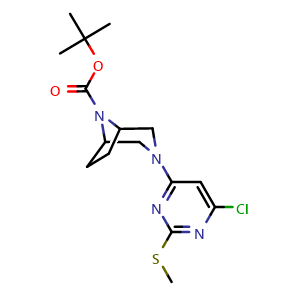 Chemical structure of tert-Butyl 3-(6-chloro-2-(methylthio)pyrimidin-4-yl)-3,8-diazabicyclo[3.2.1]octane-8-carboxylate , CAS 201162-45-0, AChemBlock AD292023