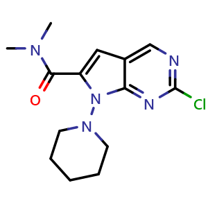 Chemical structure of 2-Chloro-N,N-dimethyl-7-(piperidin-1-yl)-7H-pyrrolo[2,3-d]pyrimidine-6-carboxamide , CAS 2024609-14-9, AChemBlock AD292024