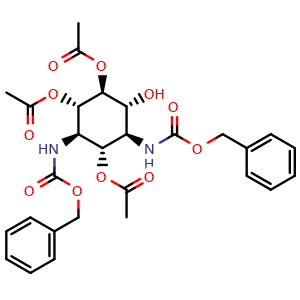 Chemical structure of (1S,2S,3R,4S,5R,6R)-3,5-Bis(((benzyloxy)carbonyl)amino)-6-hydroxycyclohexane-1,2,4-triyl triacetate , CAS 2981483-05-8, AChemBlock AD292028