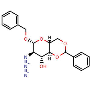 Chemical structure of (4aR,6R,7R,8R,8aS)-7-Azido-6-(benzyloxy)-2-phenylhexahydropyrano[3,2-d][1,3]dioxin-8-ol , CAS 2373312-83-3, AChemBlock AD292029
