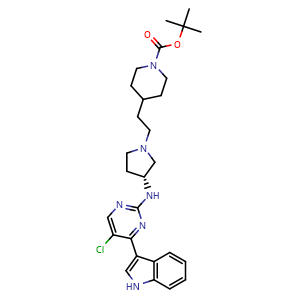 Chemical structure of tert-Butyl (R)-4-(2-(3-((5-chloro-4-(1H-indol-3-yl)pyrimidin-2-yl)amino)pyrrolidin-1-yl)ethyl)piperidine-1-carboxylate , CAS 2965238-69-9, AChemBlock AD292040