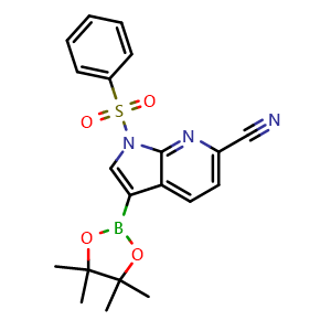 Chemical structure of 1-(Phenylsulfonyl)-3-(4,4,5,5-tetramethyl-1,3,2-dioxaborolan-2-yl)-1H-pyrrolo[2,3-b]pyridine-6-carbonitrile , CAS 2173193-86-5, AChemBlock AD292041