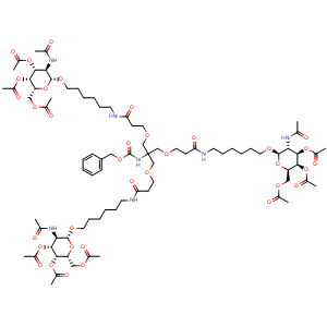 Chemical structure of Carbamic acid, N-[2-[3-oxo-3-[[6-[[3,4,6-tri-O-acetyl-2-(acetylamino)-2-deoxy-beta-D-galactopyranosyl]oxy]hexyl]amino]propoxy]-1,1-bis[[3-oxo-3-[[6-[[3,4,6-tri-O-acetyl-2-(acetylamino)-2-deoxy-beta-D-galactopyranosyl]oxy]hexyl]amino]propoxy]methyl]et.. , CAS 1637413-79-6, AChemBlock AD292058