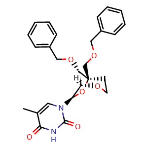 Chemical structure of 1-((1R,5R,7R,8S)-8-(Benzyloxy)-5-((benzyloxy)methyl)-2,6-dioxabicyclo[3.2.1]octan-7-yl)-5-methylpyrimidine-2,4(1H,3H)-dione , CAS 287737-37-5, AChemBlock AD292059