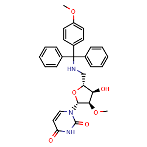 Chemical structure of 1-((2R,3R,4R,5R)-4-hydroxy-3-methoxy-5-((((4-methoxyphenyl)diphenylmethyl)amino)methyl)tetrahydrofuran-2-yl)pyrimidine-2,4(1H,3H)-dione , CAS 194034-70-3, AChemBlock AD292060