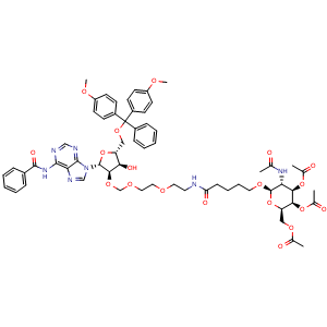 Chemical structure of (2R,3R,4R,5R,6R)-5-Acetamido-2-(acetoxymethyl)-6-((5-((2-(2-((((2R,3R,4R,5R)-2-(6-benzamido-9H-purin-9-yl)-5-((bis(4-methoxyphenyl)(phenyl)methoxy)methyl)-4-hydroxytetrahydrofuran-3-yl)oxy)methoxy)ethoxy)ethyl)amino)-5-oxopentyl)oxy)tetrahydro-2H-pyr.. , CAS 2613081-85-7, AChemBlock AD292061