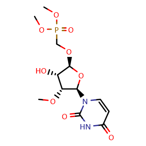 Chemical structure of Dimethyl ((((2R,3S,4R,5R)-5-(2,4-dioxo-3,4-dihydropyrimidin-1(2H)-yl)-3-hydroxy-4-methoxytetrahydrofuran-2-yl)oxy)methyl)phosphonate , CAS 2197181-93-2, AChemBlock AD292062