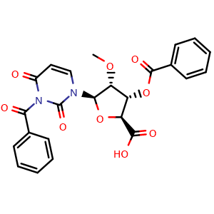 Chemical structure of (2S,3S,4R,5R)-5-(3-Benzoyl-2,4-dioxo-3,4-dihydropyrimidin-1(2H)-yl)-3-(benzoyloxy)-4-methoxytetrahydrofuran-2-carboxylic acid , CAS 2982811-93-6, AChemBlock AD292063
