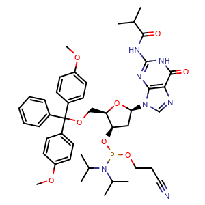 Chemical structure of (2R,3R,5R)-2-((Bis(4-methoxyphenyl)(phenyl)methoxy)methyl)-5-(2-isobutyramido-6-oxo-1,6-dihydro-9H-purin-9-yl)tetrahydrofuran-3-yl (2-cyanoethyl) diisopropylphosphoramidite , CAS 181489-45-2, AChemBlock AD292064