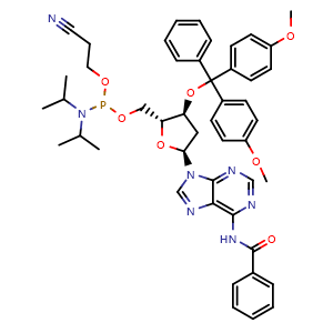 Chemical structure of ((2R,3S,5S)-5-(6-Benzamido-9H-purin-9-yl)-3-(bis(4-methoxyphenyl)(phenyl)methoxy)tetrahydrofuran-2-yl)methyl (2-cyanoethyl) diisopropylphosphoramidite , CAS 164070-27-3, AChemBlock AD292065