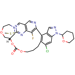 Chemical structure of 15-(2H-3,4,5,6-Tetrahydropyran-2-yl)(26S)-18-chloro-32-fluoro-4-methylthio-23,25,28-trioxa-1,3,5,9,14,15-hexaazahexacyclo[24.4.1.1[6,10].0[2,7].0[11,19].0[12,16]]dotriaconta-2,4,6,8,10(32),11(19),12(16),13,17-nonaen-24-one , CAS 3040182-89-3, AChemBlock AD292068