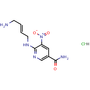 Chemical structure of (E)-6-((4-Aminobut-2-en-1-yl)amino)-5-nitronicotinamide hydrochloride , CAS 2591301-41-4, AChemBlock AD292069