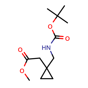 Chemical structure of Methyl 2-(1-(((tert-butoxycarbonyl)amino)methyl)cyclopropyl)acetate , CAS 1781992-37-7, AChemBlock AD292084