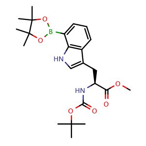 Chemical structure of Methyl (S)-2-((tert-butoxycarbonyl)amino)-3-(7-(4,4,5,5-tetramethyl-1,3,2-dioxaborolan-2-yl)-1H-indol-3-yl)propanoate , CAS 1637576-99-8, AChemBlock AD292087