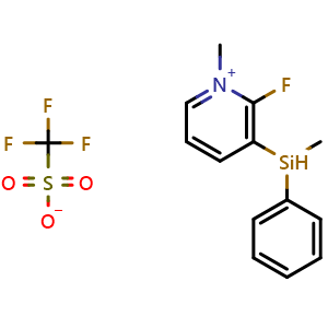 Chemical structure of 2-Fluoro-1-methyl-3-(methyl(phenyl)silyl)pyridin-1-ium trifluoromethanesulfonate , CAS 3106265-29-3, AChemBlock AD292089