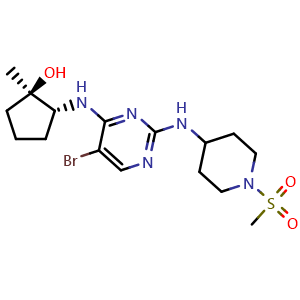 Chemical structure of (1R,2R)-2-((5-Bromo-2-((1-(methylsulfonyl)piperidin-4-yl)amino)pyrimidin-4-yl)amino)-1-methylcyclopentan-1-ol , CAS 2185860-87-9, AChemBlock AD292090