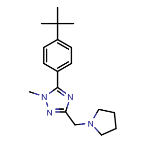 Chemical structure of 5-(4-tert-Butylphenyl)-1-methyl-3-(pyrrolidin-1-ylmethyl)-1H-1,2,4-triazole , CAS 2445128-06-1, AChemBlock AD292137
