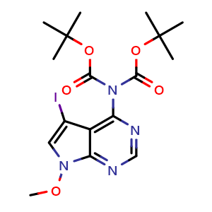 Chemical structure of 2-Methylpropan-2-yl [(5-iodo-7-methoxypyrrolo[2,3-d]pyrimidin-4-yl){[(2-methylprop-2-yl)oxy]carbonyl}amino]methanoate , CAS 3085556-66-4, AChemBlock AD292158