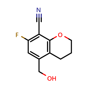 Chemical structure of 7-Fluoro-5-(hydroxymethyl)-3,4-dihydro-2H-chromene-8-carbonitrile , CAS 2901797-78-0, AChemBlock AD292160