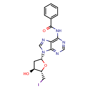 Chemical structure of N-(9-((2R,4S,5S)-4-Hydroxy-5-(iodomethyl)tetrahydrofuran-2-yl)-9H-purin-6-yl)benzamide , CAS 82305-19-9, AChemBlock AD292161
