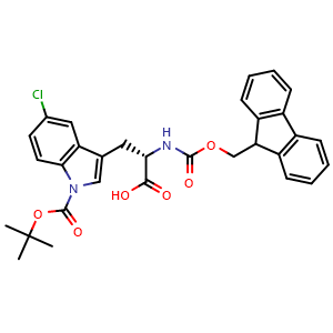 Chemical structure of (2S)-3-(1-tert-Butoxycarbonyl-5-chloro-indol-3-yl)-2-(9H-fluoren-9-ylmethoxycarbonylamino)propanoic acid , CAS 2757182-14-0, AChemBlock AD292166