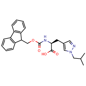 Chemical structure of (2S)-2-(9H-Fluoren-9-ylmethoxycarbonylamino)-3-(1-isobutylpyrazol-4-yl)propanoic acid , CAS 2349567-10-6, AChemBlock AD292168
