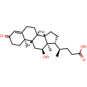 Chemical structure of (4R)-4-[(8R,9S,10R,12S,13R,14S,17R)-12-Hydroxy-10,13-dimethyl-3-oxo-1,2,6,7,8,9,11,12,14,15,16,17-dodecahydrocyclopenta[a]phenanthren-17-yl]pentanoic acid , CAS 13073-08-0, AChemBlock AD292178