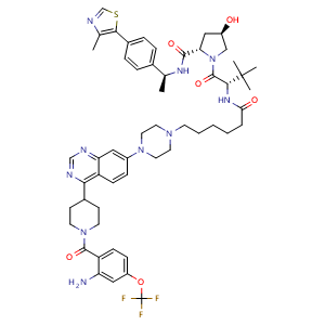 Chemical structure of (2S,4R)-1-[(2S)-2-[6-[4-[4-[1-[2-Amino-4-(trifluoromethoxy)benzoyl]-4-piperidyl]quinazolin-7-yl]piperazin-1-yl]hexanoylamino]-3,3-dimethyl-butanoyl]-4-hydroxy-N-[(1S)-1-[4-(4-methylthiazol-5-yl)phenyl]ethyl]pyrrolidine-2-carboxamide , CAS 2919963-24-7, AChemBlock AD292179