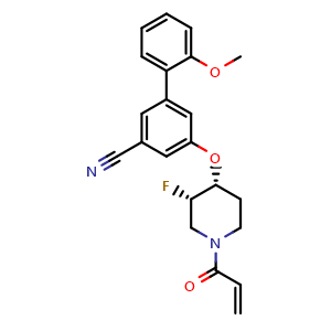 Chemical structure of 3-[[(3S,4R)-3-Fluoro-1-prop-2-enoyl-4-piperidyl]oxy]-5-(2-methoxyphenyl)benzonitrile , CAS 2447632-45-1, AChemBlock AD292183