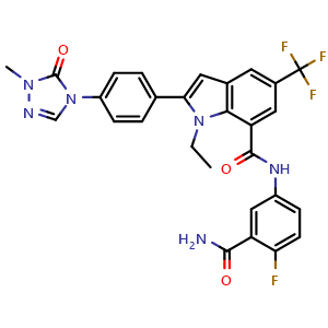 Chemical structure of N-(3-Carbamoyl-4-fluoro-phenyl)-1-ethyl-2-[4-(1-methyl-5-oxo-1,2,4-triazol-4-yl)phenyl]-5-(trifluoromethyl)indole-7-carboxamide , CAS 3033741-73-7, AChemBlock AD292185
