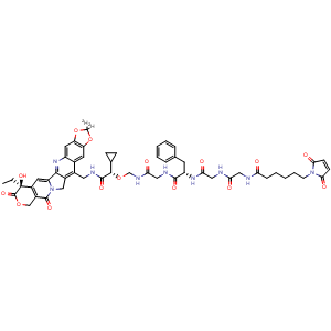 Chemical structure of N-((4S,12S)-12-Benzyl-4-cyclopropyl-1-((S)-7-ethyl-7-hydroxy-8,11-dioxo-7,8,11,13-tetrahydro-10H-[1,3]dioxolo[4,5-g]pyrano[3',4':6,7]indolizino[1,2-b]quinolin-14-yl-2,2-d2)-3,8,11,14,17-pentaoxo-5-oxa-2,7,10,13,16-pentaazaoctadecan-18-yl)-6-(2,5-diox.. , CAS 3013694-23-7, AChemBlock AD292186