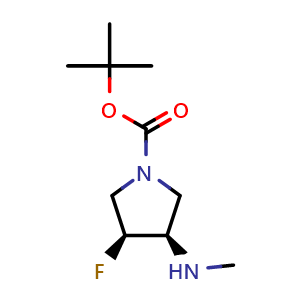 Chemical structure of tert-Butyl (3S,4R)-3-fluoro-4-(methylamino)pyrrolidine-1-carboxylate , CAS 2368849-26-5, AChemBlock AD292189