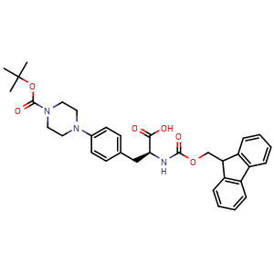 Chemical structure of (2S)-3-[4-(4-tert-Butoxycarbonylpiperazin-1-yl)phenyl]-2-(9H-fluoren-9-ylmethoxycarbonylamino)propanoic acid , CAS 3065644-07-4, AChemBlock AD292193