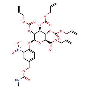 Chemical structure of Allyl (2S,3S,4S,5R,6S)-3,4,5-tris(allyloxycarbonyloxy)-6-[4-(methylcarbamoyloxymethyl)-2-nitro-phenoxy]tetrahydropyran-2-carboxylate , CAS 2919192-72-4, AChemBlock AD292199
