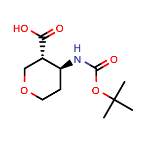 Chemical structure of (3R,4S)-4-(tert-Butoxycarbonylamino)tetrahydropyran-3-carboxylic acid , CAS 2068085-15-2, AChemBlock AD292210