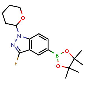 Chemical structure of 3-Fluoro-1-(oxan-2-yl)-5-(4,4,5,5-tetramethyl-1,3,2-dioxaborolan-2-yl)-1H-indazole , CAS 2883044-82-2, AChemBlock AD292212