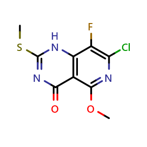 Chemical structure of 7-Chloro-8-fluoro-5-methoxy-2-methylsulfanyl-1H-pyrido[4,3-d]pyrimidin-4-one , CAS 2763158-77-4, AChemBlock AD292236