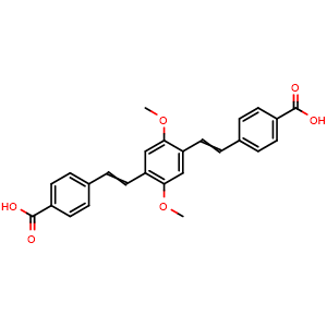 Chemical structure of 4,4'-((1E,1'E)-(2,5-Dimethoxy-1,4-phenylene)bis(ethene-2,1-diyl))dibenzoic acid , CAS 1202253-60-8, AChemBlock AD292239