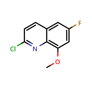 Chemical structure of 2-Chloro-6-fluoro-8-methoxy-quinoline , CAS 1086398-43-7, AChemBlock AD292240