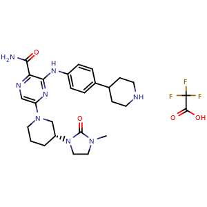 Chemical structure of (R)-5-(3-(3-Methyl-2-oxoimidazolidin-1-yl)piperidin-1-yl)-3-((4-(piperidin-4-yl)phenyl)amino)pyrazine-2-carboxamide 2,2,2-trifluoroacetate , CAS 2759180-06-6, AChemBlock AD292250