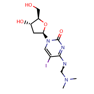Chemical structure of N'-(1-((2R,4S,5R)-4-Hydroxy-5-(hydroxymethyl)tetrahydrofuran-2-yl)-5-iodo-2-oxo-1,2-dihydropyrimidin-4-yl)-N,N-dimethylformimidamide , CAS 717876-93-2, AChemBlock AD292260