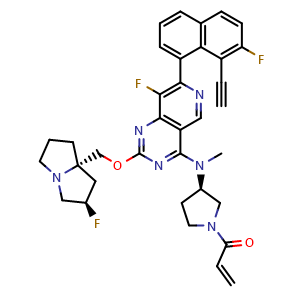 Chemical structure of 1-[(3R)-3-[[7-(8-Ethynyl-7-fluoro-1-naphthyl)-8-fluoro-2-[[(2R,8S)-2-fluoro-1,2,3,5,6,7-hexahydropyrrolizin-8-yl]methoxy]pyrido[4,3-d]pyrimidin-4-yl]-methyl-amino]pyrrolidin-1-yl]prop-2-en-1-one , CAS 2925468-57-9, AChemBlock AD292263