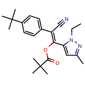 Chemical structure of (E)-2-(4-(tert-Butyl)phenyl)-2-cyano-1-(1-ethyl-3-methyl-1H-pyrazol-5-yl)vinyl pivalate , CAS 1253432-82-4, AChemBlock AD292281
